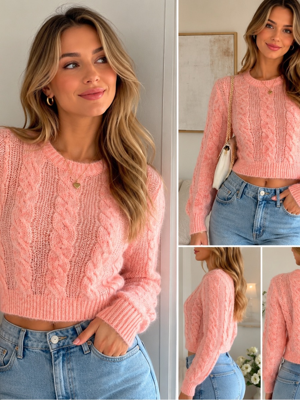 Cider Pink Cable-Knit Cropped Crewneck Sweater